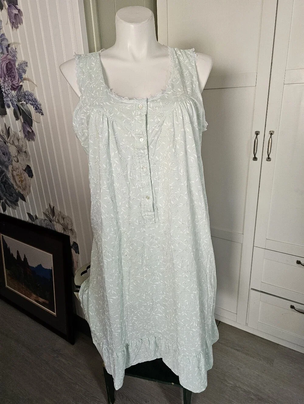 Vintage Barbizon Nightgown 2X Plus Cotton Blend Mint Green Floral Lace Ruffle